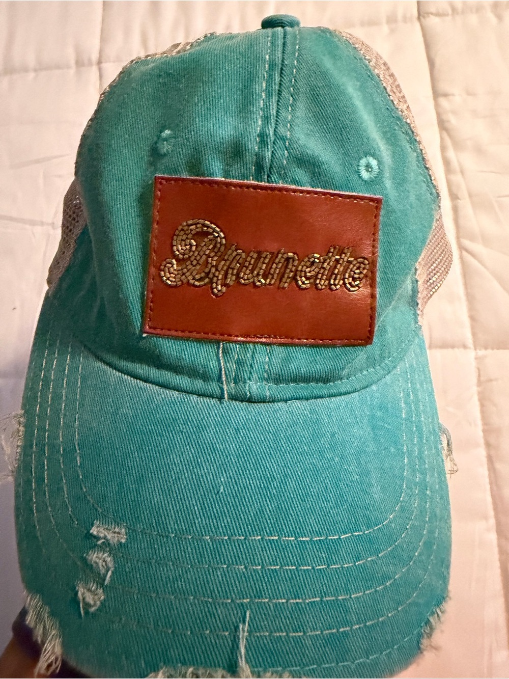 Judith March Teal Distressed Trucker Hat with Brown Patch